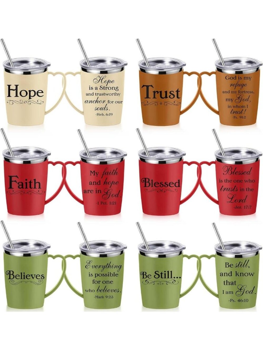 Set of 6 Insulated 16 oz Coffee Mugs with Handles & Lids - Bible Verse Tumblers